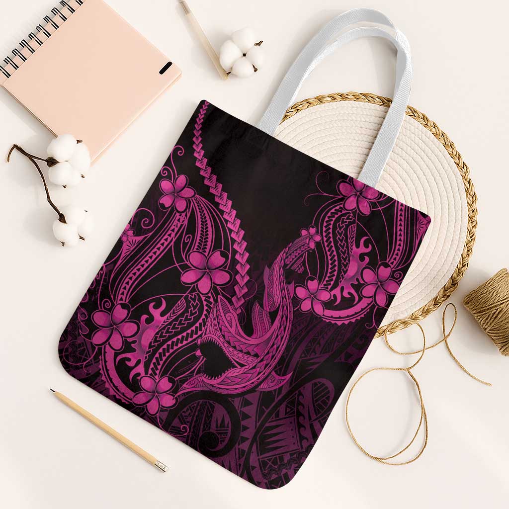 Pink Black Aloha Hawaii Tote Bag Polynesian Shark Tattoo With Plumeria - Polynesian Pride