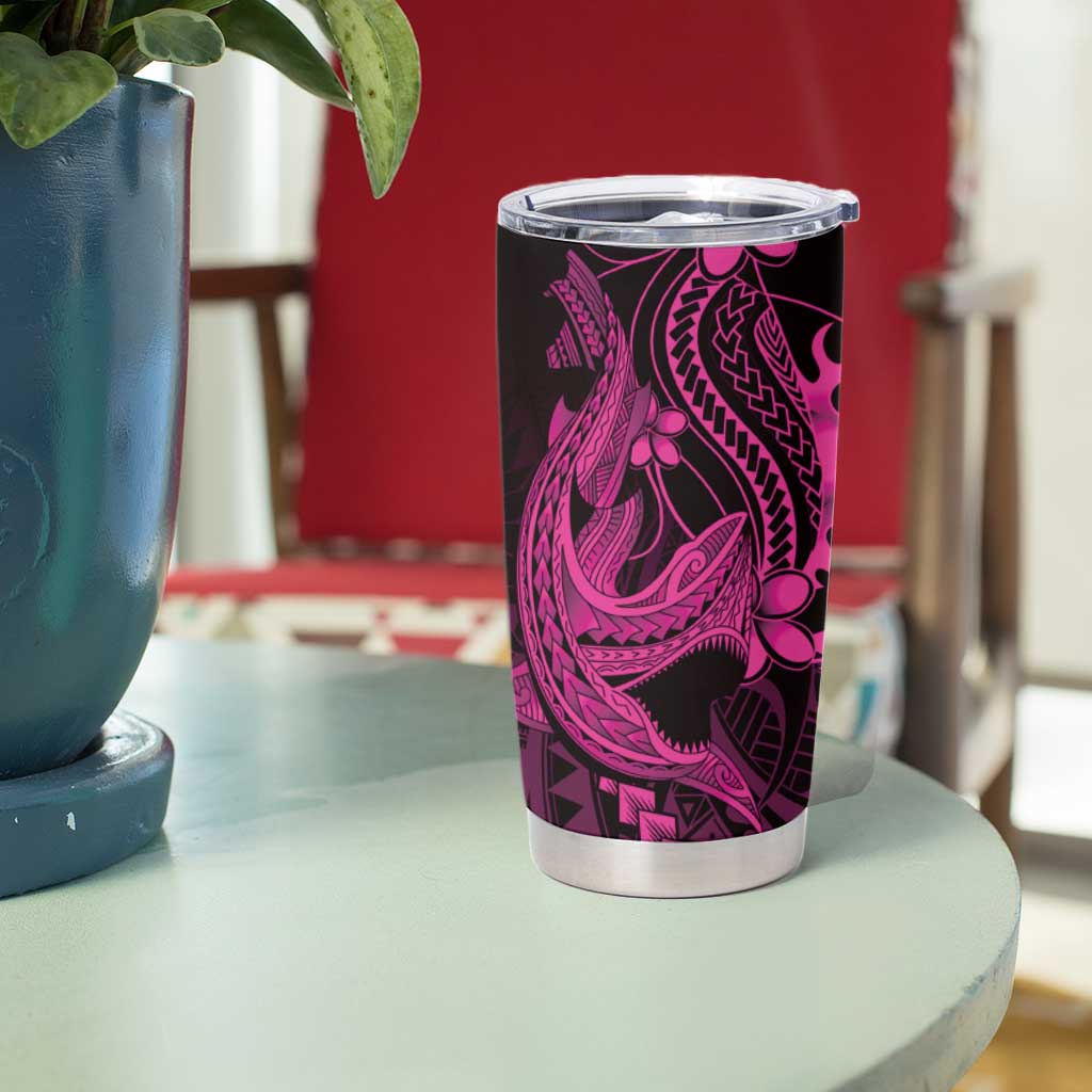 Pink Black Aloha Hawaii Tumbler Cup Polynesian Shark Tattoo With Plumeria - Polynesian Pride