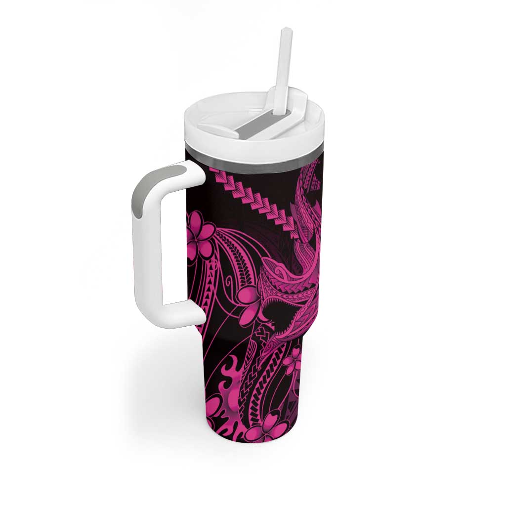 Pink Black Aloha Hawaii Tumbler With Handle Polynesian Shark Tattoo With Plumeria - Polynesian Pride