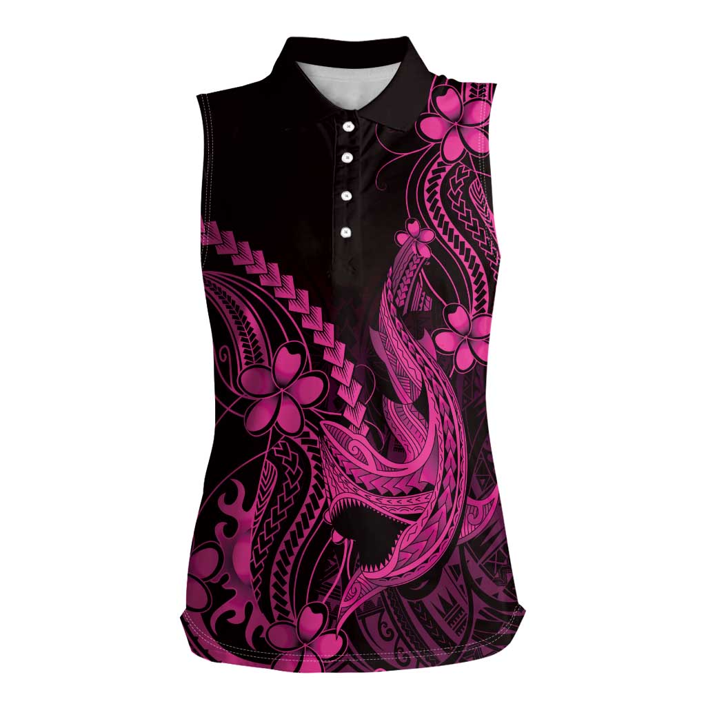 Pink Black Aloha Hawaii Women Sleeveless Polo Shirt Polynesian Shark Tattoo With Plumeria - Polynesian Pride