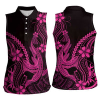 Pink Black Aloha Hawaii Women Sleeveless Polo Shirt Polynesian Shark Tattoo With Plumeria - Polynesian Pride