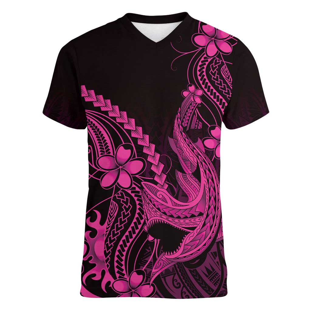 Pink Black Aloha Hawaii Women V-Neck T-Shirt Polynesian Shark Tattoo With Plumeria - Polynesian Pride