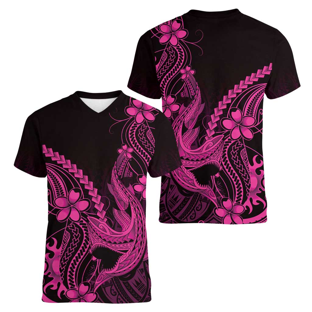 Pink Black Aloha Hawaii Women V-Neck T-Shirt Polynesian Shark Tattoo With Plumeria - Polynesian Pride