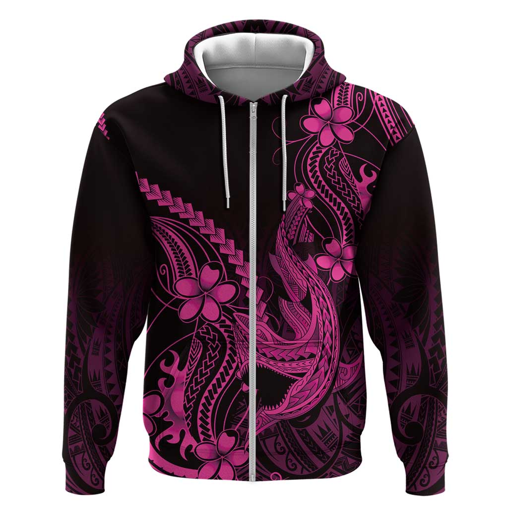 Pink Black Aloha Hawaii Zip Hoodie Polynesian Shark Tattoo With Plumeria - Polynesian Pride