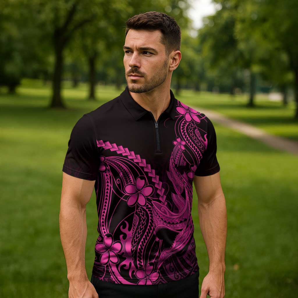 Pink Black Aloha Hawaii Zipper Polo Shirt Polynesian Shark Tattoo With Plumeria - Polynesian Pride