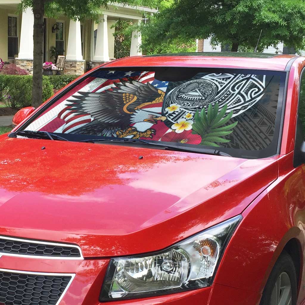 United States and American Samoa Auto Sun Shade USA Flag Eagle With Seal Tropical Flowers