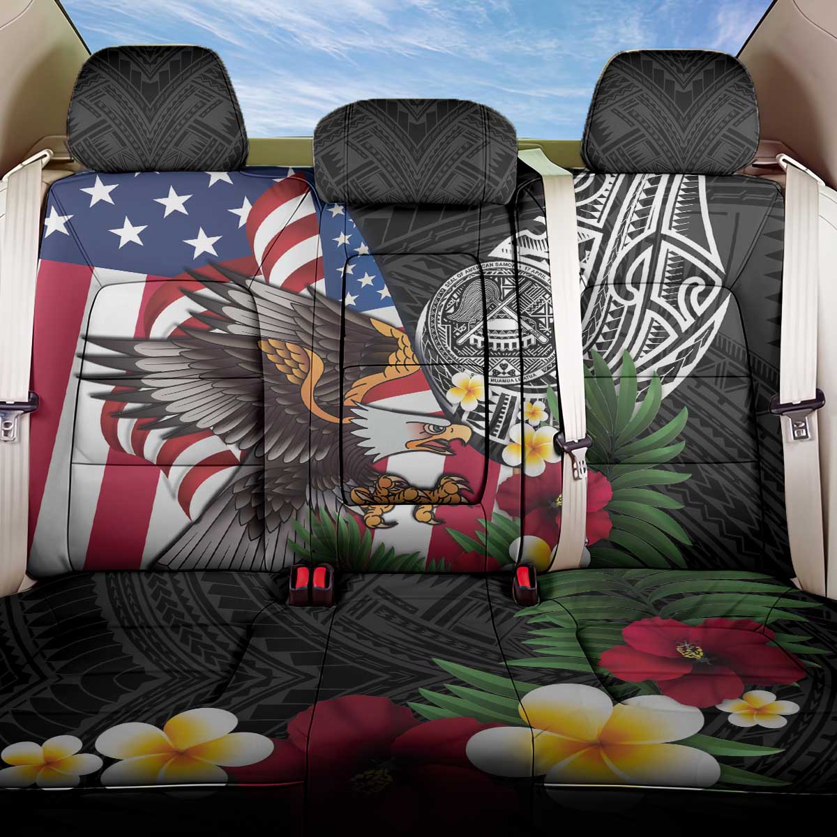United States and American Samoa Back Car Seat Cover USA Flag Eagle With Seal Tropical Flowers LT14 One Size Black - Polynesian Pride