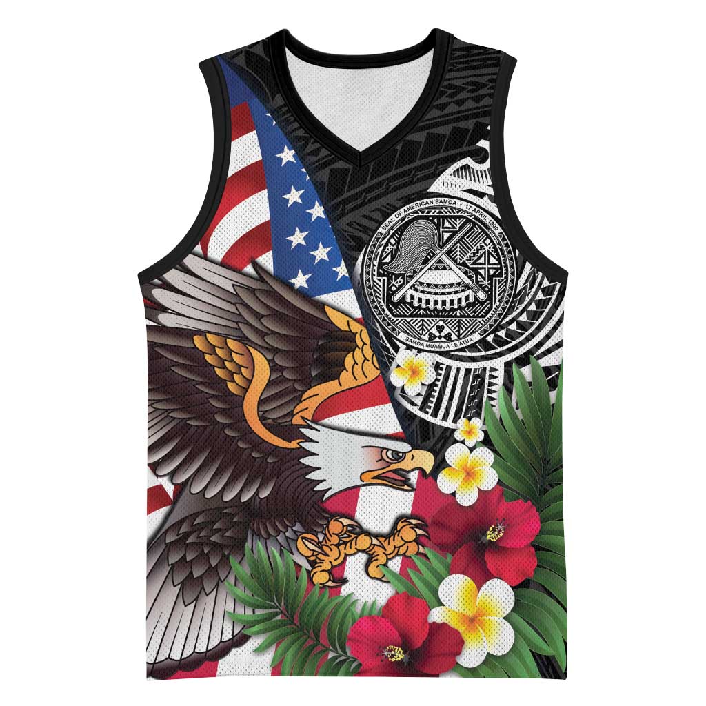 United States and American Samoa Basketball Jersey USA Flag Eagle With Seal Tropical Flowers LT14 Unisex Black - Polynesian Pride