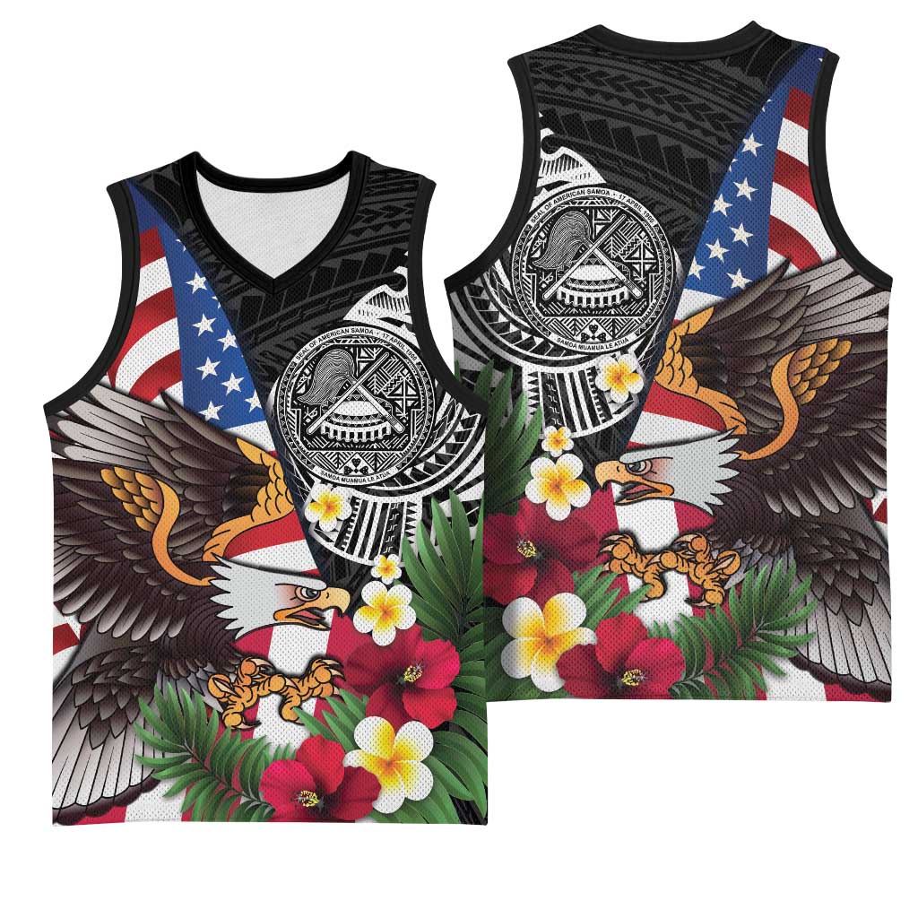 United States and American Samoa Basketball Jersey USA Flag Eagle With Seal Tropical Flowers LT14 - Polynesian Pride