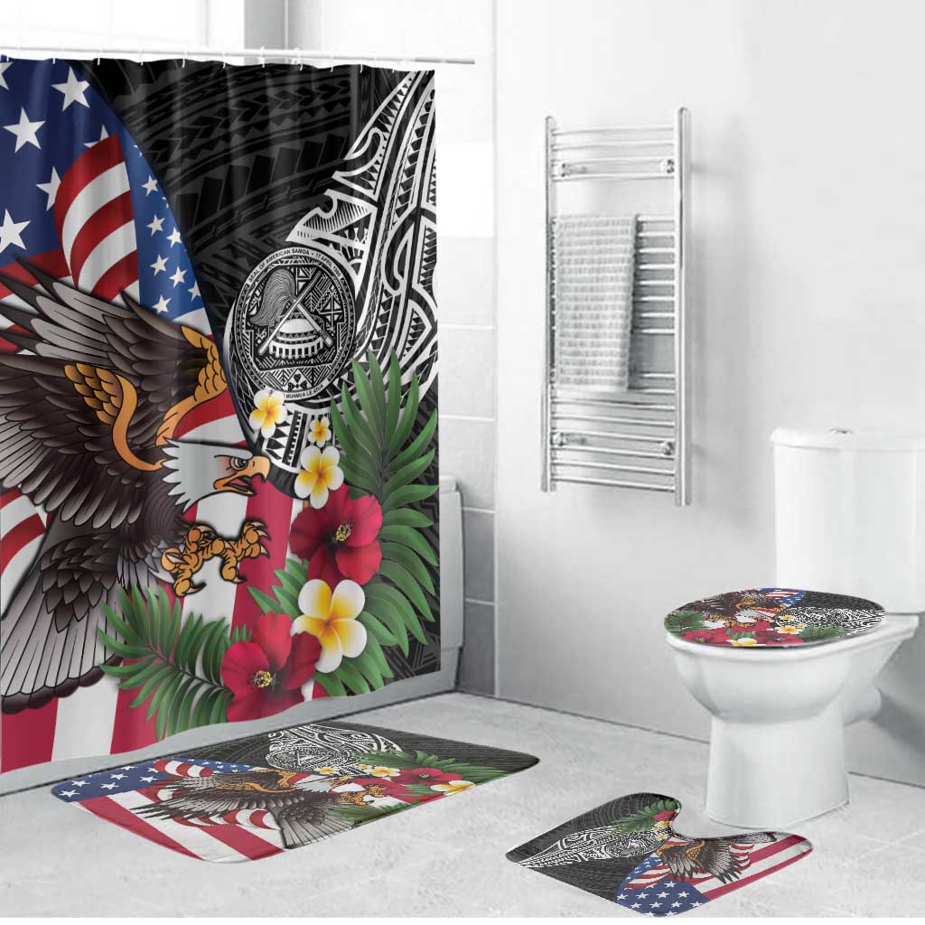 United States and American Samoa Bathroom Set USA Flag Eagle With Seal Tropical Flowers LT14 Bathroom Set (4 pcs) Black - Polynesian Pride