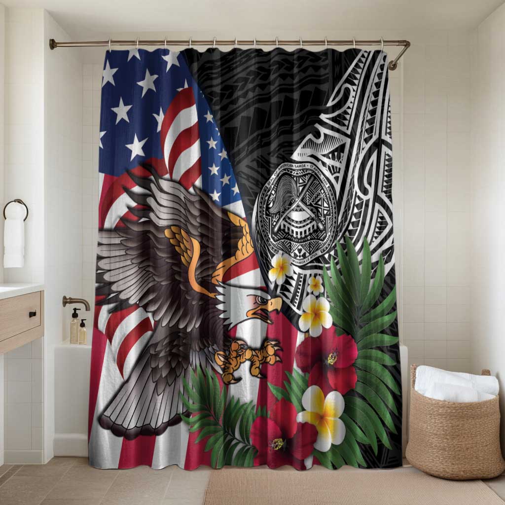 United States and American Samoa Bathroom Set USA Flag Eagle With Seal Tropical Flowers LT14 Shower Curtain Only Black - Polynesian Pride