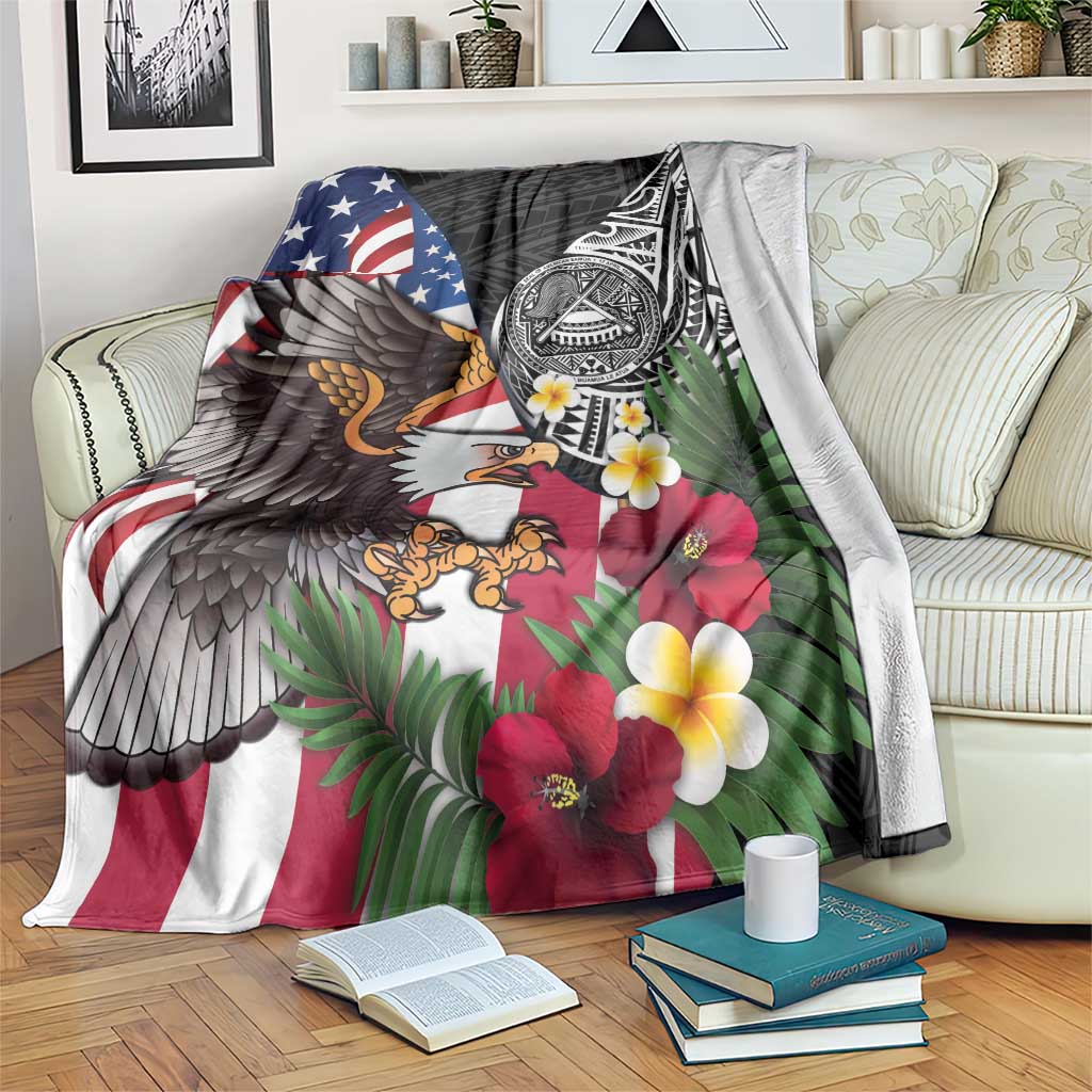 United States and American Samoa Blanket USA Flag Eagle With Seal Tropical Flowers LT14 Black - Polynesian Pride