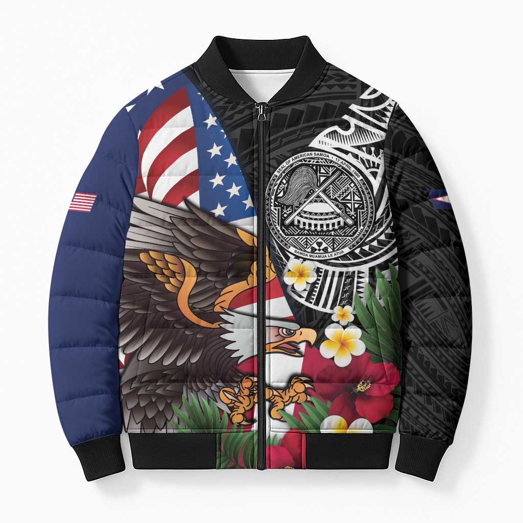 United States and American Samoa Bomber Puffer Jacket USA Flag Eagle With Seal Tropical Flowers LT14 Unisex Black - Polynesian Pride