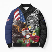 United States and American Samoa Bomber Puffer Jacket USA Flag Eagle With Seal Tropical Flowers LT14 Unisex Black - Polynesian Pride