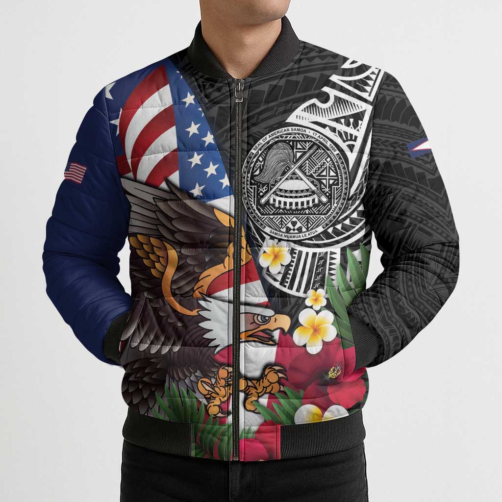 United States and American Samoa Bomber Puffer Jacket USA Flag Eagle With Seal Tropical Flowers LT14 - Polynesian Pride