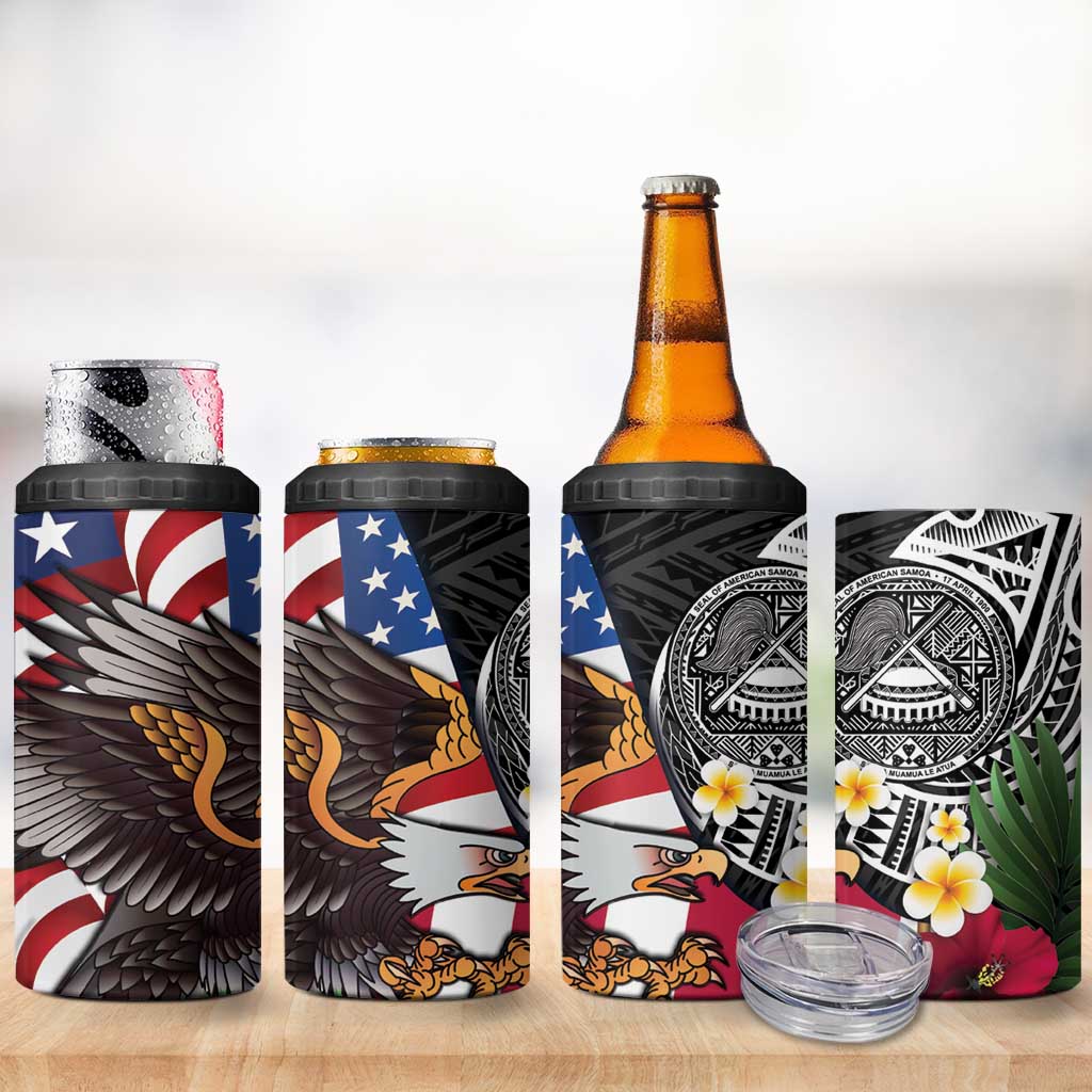 United States and American Samoa 4 in 1 Can Cooler Tumbler USA Flag Eagle With Seal Tropical Flowers LT14 - Polynesian Pride