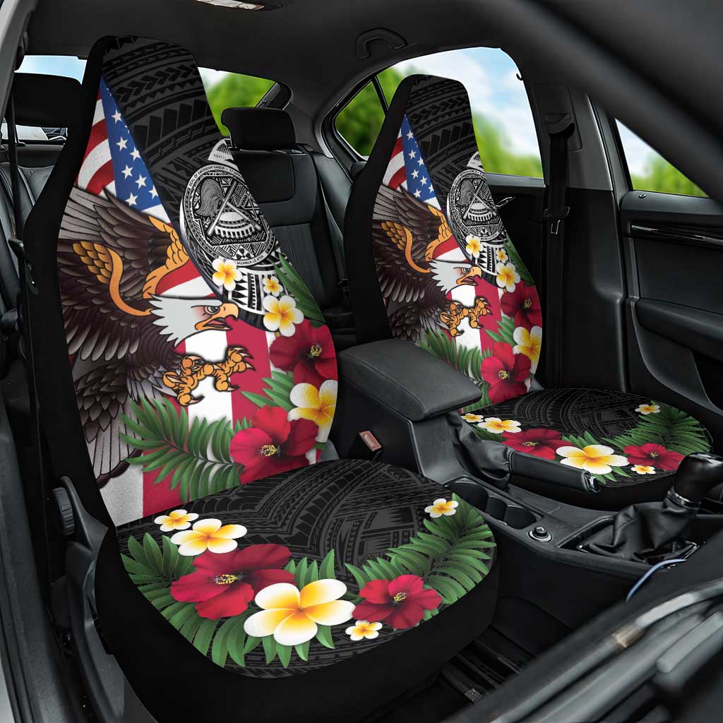 United States and American Samoa Car Seat Cover USA Flag Eagle With Seal Tropical Flowers LT14 One Size Black - Polynesian Pride