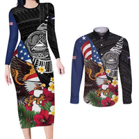 United States and American Samoa Couples Matching Long Sleeve Bodycon Dress and Long Sleeve Button Shirt USA Flag Eagle With Seal Tropical Flowers