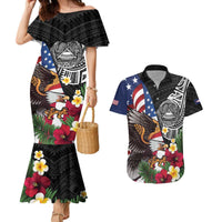 United States and American Samoa Couples Matching Mermaid Dress and Hawaiian Shirt USA Flag Eagle With Seal Tropical Flowers LT14 Black - Polynesian Pride