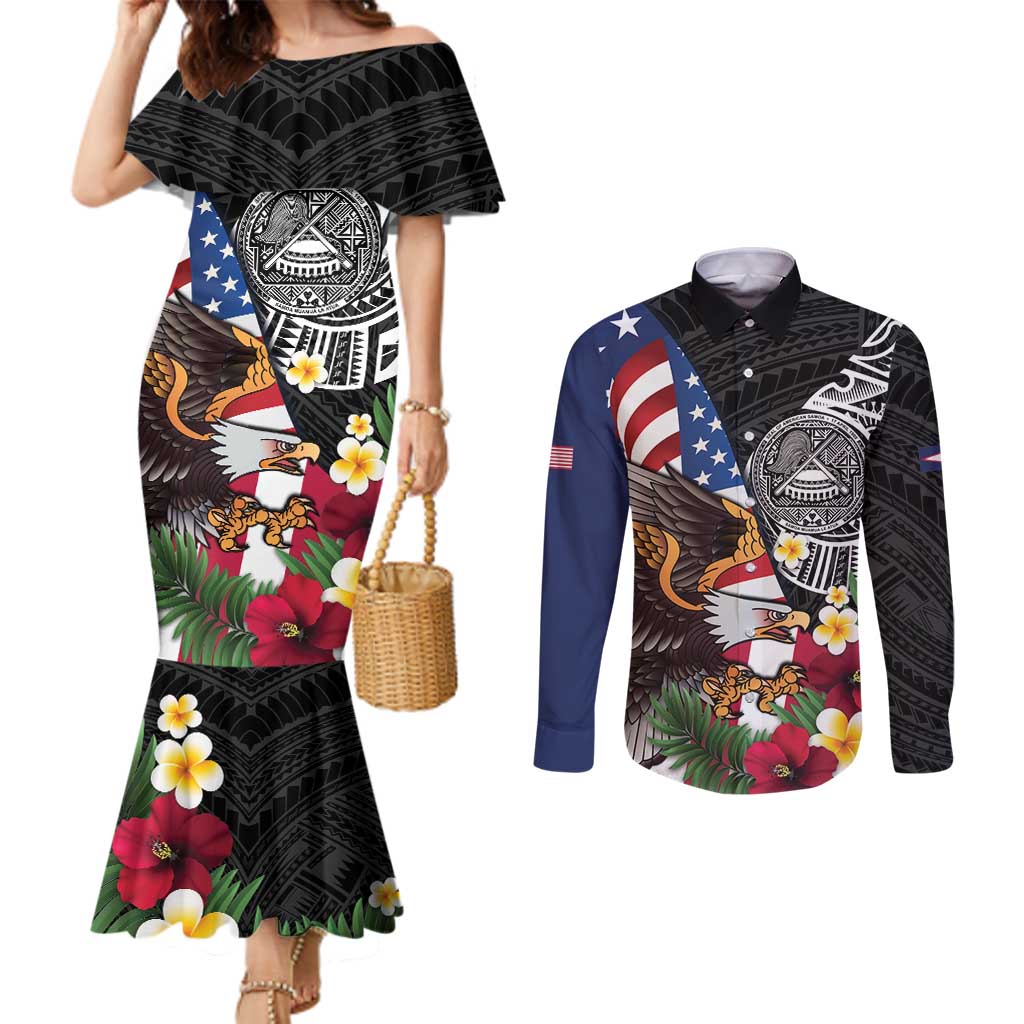 United States and American Samoa Couples Matching Mermaid Dress and Long Sleeve Button Shirt USA Flag Eagle With Seal Tropical Flowers