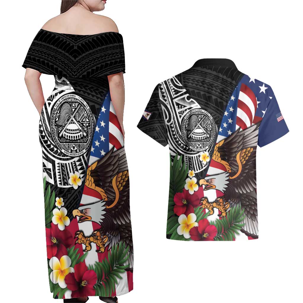 United States and American Samoa Couples Matching Off Shoulder Maxi Dress and Hawaiian Shirt USA Flag Eagle With Seal Tropical Flowers