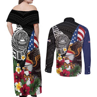 United States and American Samoa Couples Matching Off Shoulder Maxi Dress and Long Sleeve Button Shirt USA Flag Eagle With Seal Tropical Flowers LT14 - Polynesian Pride