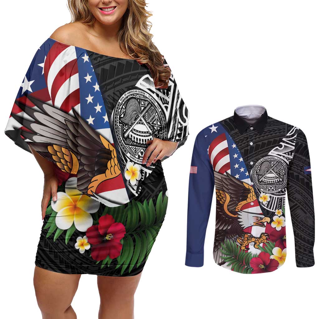 United States and American Samoa Couples Matching Off Shoulder Short Dress and Long Sleeve Button Shirt USA Flag Eagle With Seal Tropical Flowers LT14 Black - Polynesian Pride