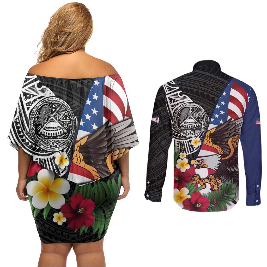 United States and American Samoa Couples Matching Off Shoulder Short Dress and Long Sleeve Button Shirt USA Flag Eagle With Seal Tropical Flowers LT14 - Polynesian Pride