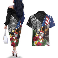 United States and American Samoa Couples Matching Off The Shoulder Long Sleeve Dress and Hawaiian Shirt USA Flag Eagle With Seal Tropical Flowers