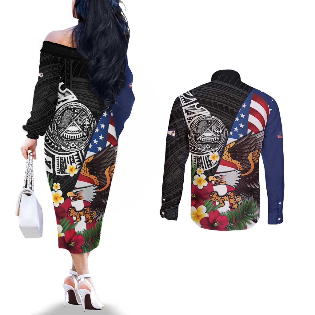 United States and American Samoa Couples Matching Off The Shoulder Long Sleeve Dress and Long Sleeve Button Shirt USA Flag Eagle With Seal Tropical Flowers