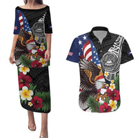 United States and American Samoa Couples Matching Puletasi and Hawaiian Shirt USA Flag Eagle With Seal Tropical Flowers LT14 Black - Polynesian Pride