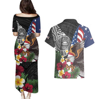 United States and American Samoa Couples Matching Puletasi and Hawaiian Shirt USA Flag Eagle With Seal Tropical Flowers LT14 - Polynesian Pride