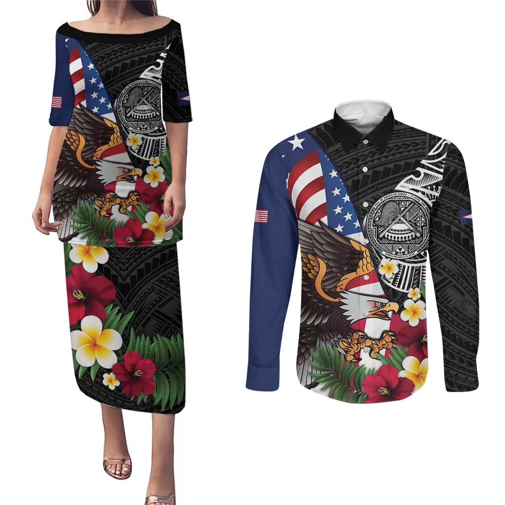 United States and American Samoa Couples Matching Puletasi and Long Sleeve Button Shirt USA Flag Eagle With Seal Tropical Flowers LT14 Black - Polynesian Pride