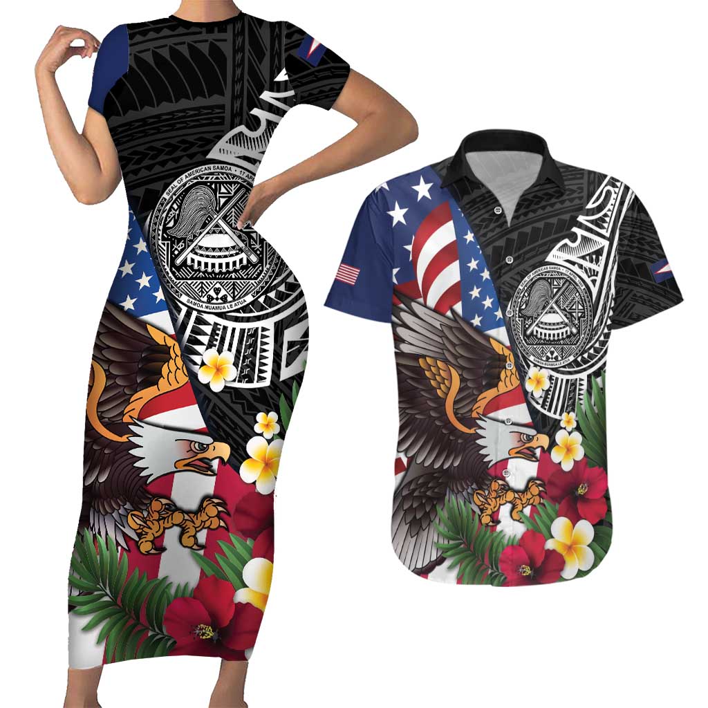 United States and American Samoa Couples Matching Short Sleeve Bodycon Dress and Hawaiian Shirt USA Flag Eagle With Seal Tropical Flowers LT14 Black - Polynesian Pride