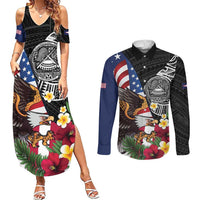 United States and American Samoa Couples Matching Summer Maxi Dress and Long Sleeve Button Shirt USA Flag Eagle With Seal Tropical Flowers LT14 Black - Polynesian Pride