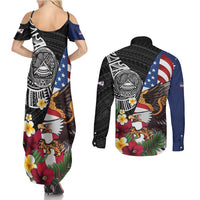 United States and American Samoa Couples Matching Summer Maxi Dress and Long Sleeve Button Shirt USA Flag Eagle With Seal Tropical Flowers LT14 - Polynesian Pride