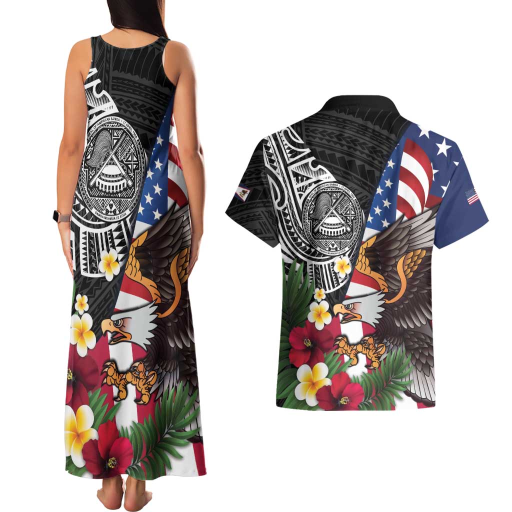 United States and American Samoa Couples Matching Tank Maxi Dress and Hawaiian Shirt USA Flag Eagle With Seal Tropical Flowers