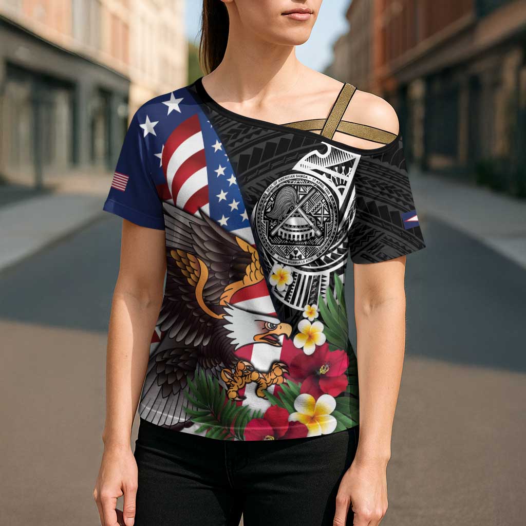 United States and American Samoa Cross Shoulder Shirt USA Flag Eagle With Seal Tropical Flowers LT14 - Polynesian Pride