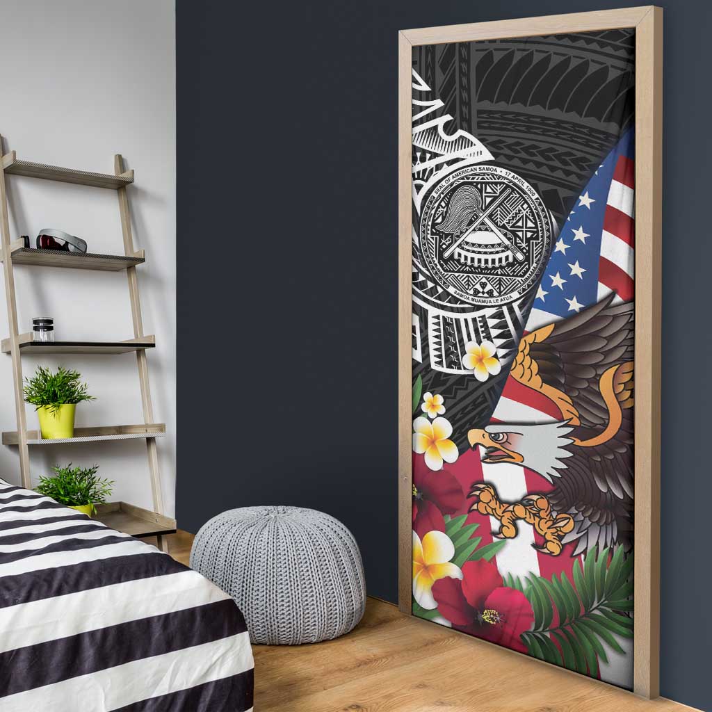 United States and American Samoa Door Cover USA Flag Eagle With Seal Tropical Flowers LT14 - Polynesian Pride