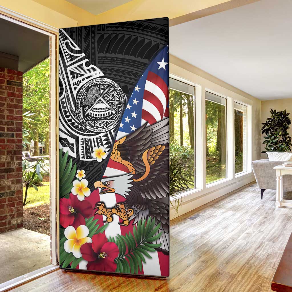 United States and American Samoa Door Cover USA Flag Eagle With Seal Tropical Flowers LT14 - Polynesian Pride