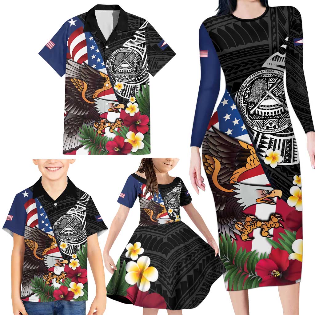 United States and American Samoa Family Matching Long Sleeve Bodycon Dress and Hawaiian Shirt USA Flag Eagle With Seal Tropical Flowers LT14 - Polynesian Pride