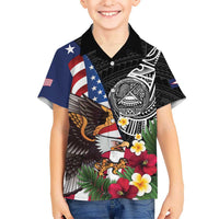 United States and American Samoa Family Matching Long Sleeve Bodycon Dress and Hawaiian Shirt USA Flag Eagle With Seal Tropical Flowers LT14 Son's Shirt Black - Polynesian Pride