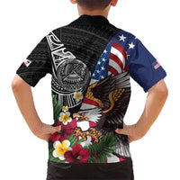 United States and American Samoa Family Matching Off The Shoulder Long Sleeve Dress and Hawaiian Shirt USA Flag Eagle With Seal Tropical Flowers LT14 - Polynesian Pride