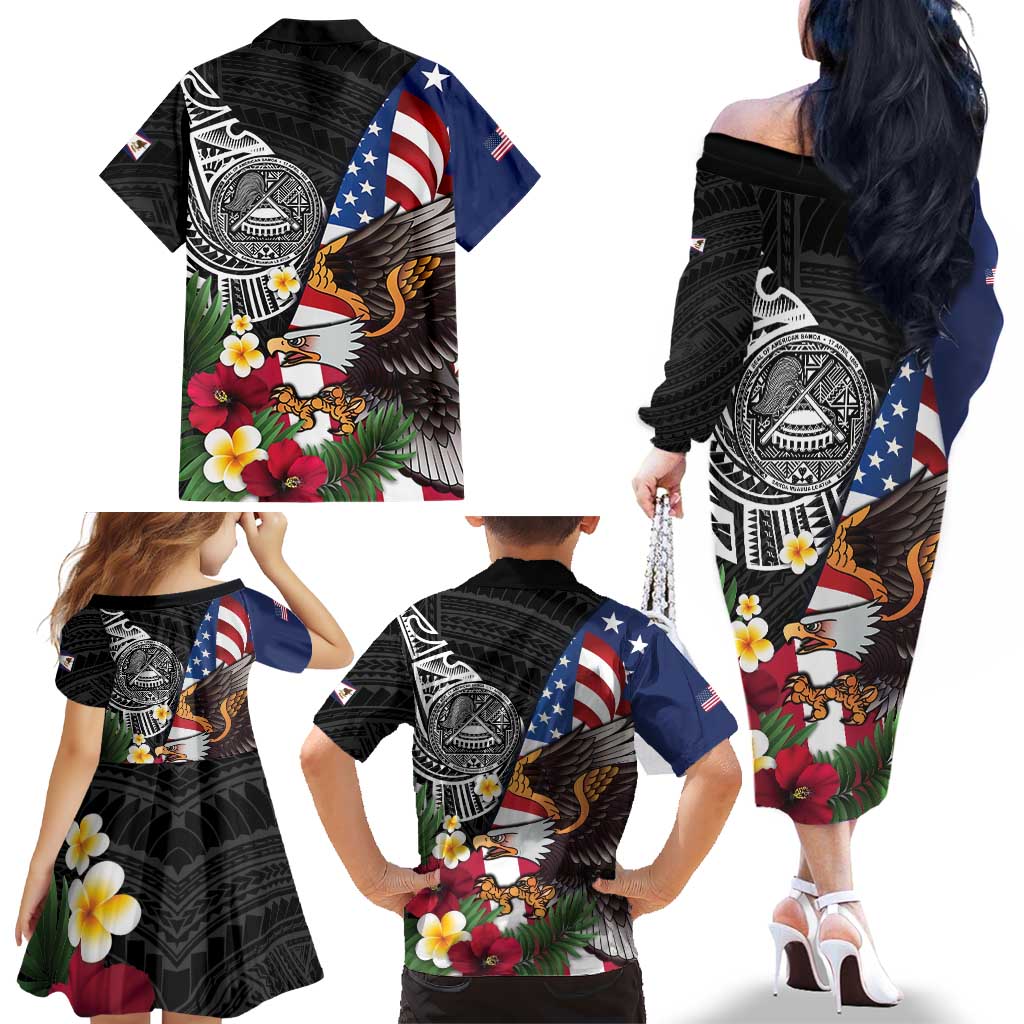 United States and American Samoa Family Matching Off The Shoulder Long Sleeve Dress and Hawaiian Shirt USA Flag Eagle With Seal Tropical Flowers LT14 - Polynesian Pride