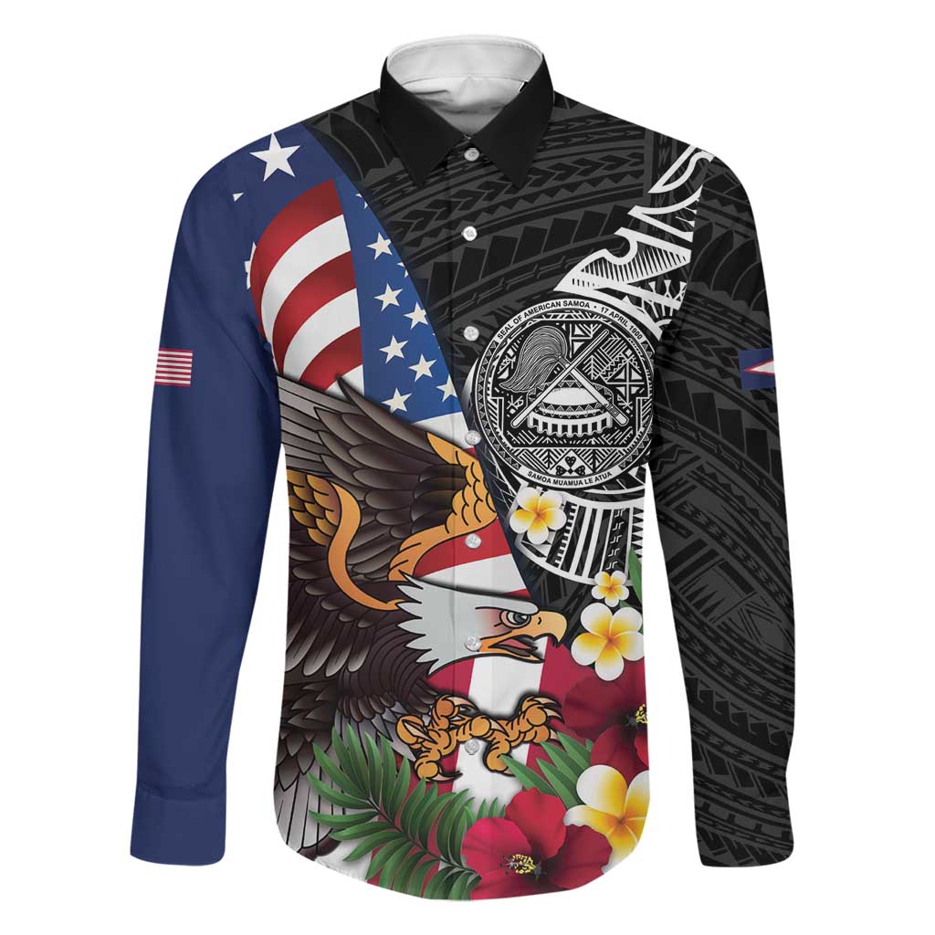 United States and American Samoa Family Matching Off Shoulder Maxi Dress and Hawaiian Shirt USA Flag Eagle With Seal Tropical Flowers LT14 Dad's Shirt - Long Sleeve Black - Polynesian Pride