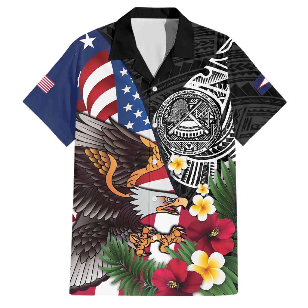 United States and American Samoa Family Matching Off Shoulder Short Dress and Hawaiian Shirt USA Flag Eagle With Seal Tropical Flowers LT14 Dad's Shirt - Short Sleeve Black - Polynesian Pride