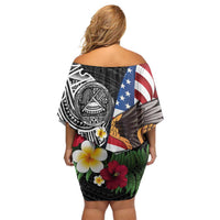 United States and American Samoa Family Matching Off Shoulder Short Dress and Hawaiian Shirt USA Flag Eagle With Seal Tropical Flowers LT14 - Polynesian Pride
