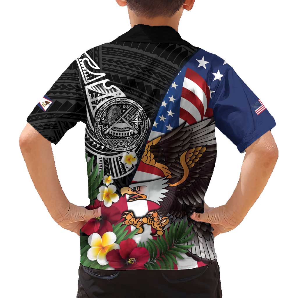 United States and American Samoa Family Matching Puletasi and Hawaiian Shirt USA Flag Eagle With Seal Tropical Flowers LT14 - Polynesian Pride