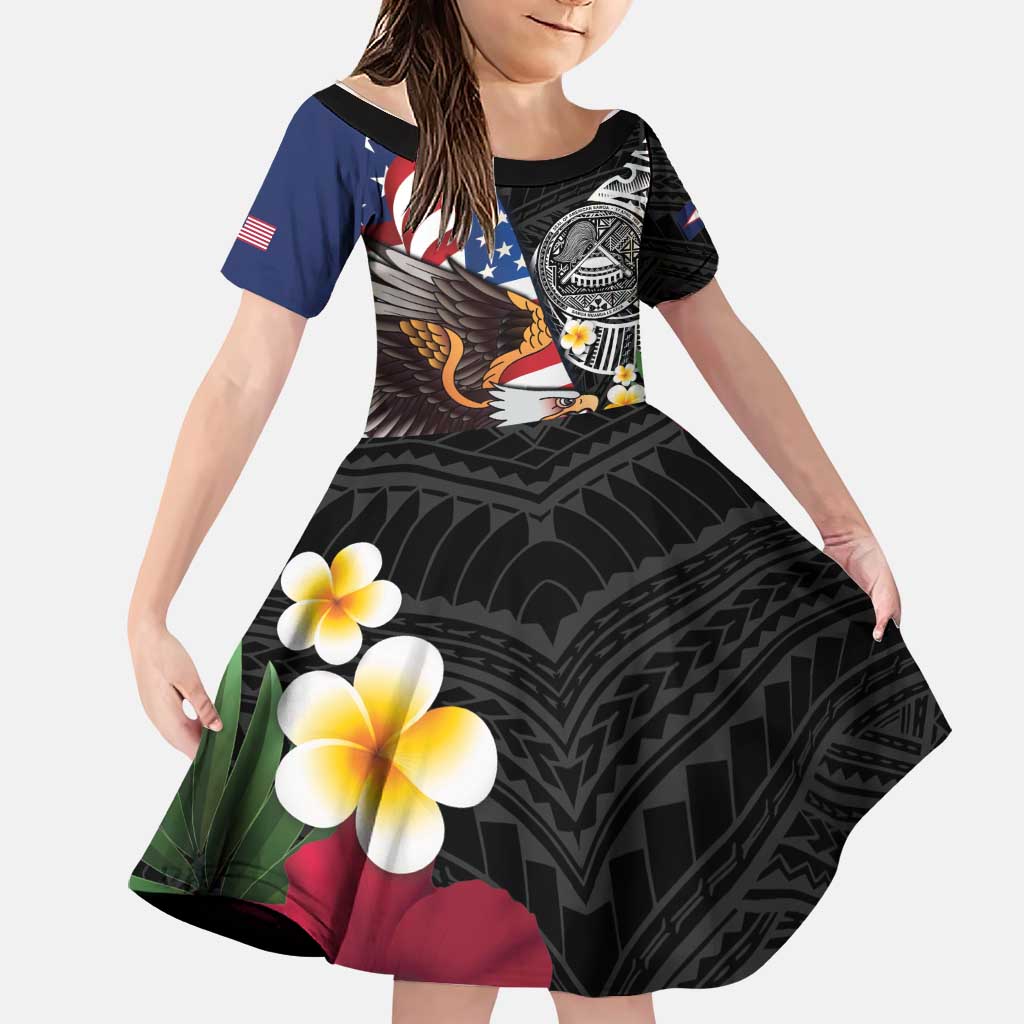 United States and American Samoa Family Matching Puletasi and Hawaiian Shirt USA Flag Eagle With Seal Tropical Flowers LT14 Daughter's Dress Black - Polynesian Pride