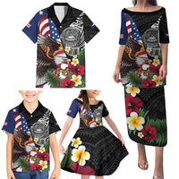United States and American Samoa Family Matching Puletasi and Hawaiian Shirt USA Flag Eagle With Seal Tropical Flowers LT14 - Polynesian Pride